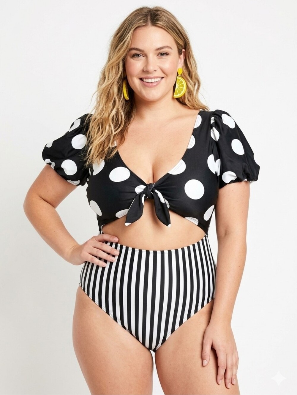 NWT Black & White Polka Dot and Striped One-Piece Swimsuit Size Large
